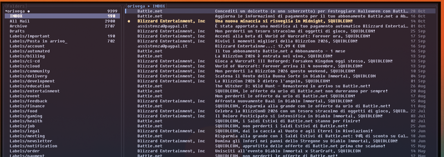 tmail in a terminal: the folders of an account on the left, the messages of the inbox on the right